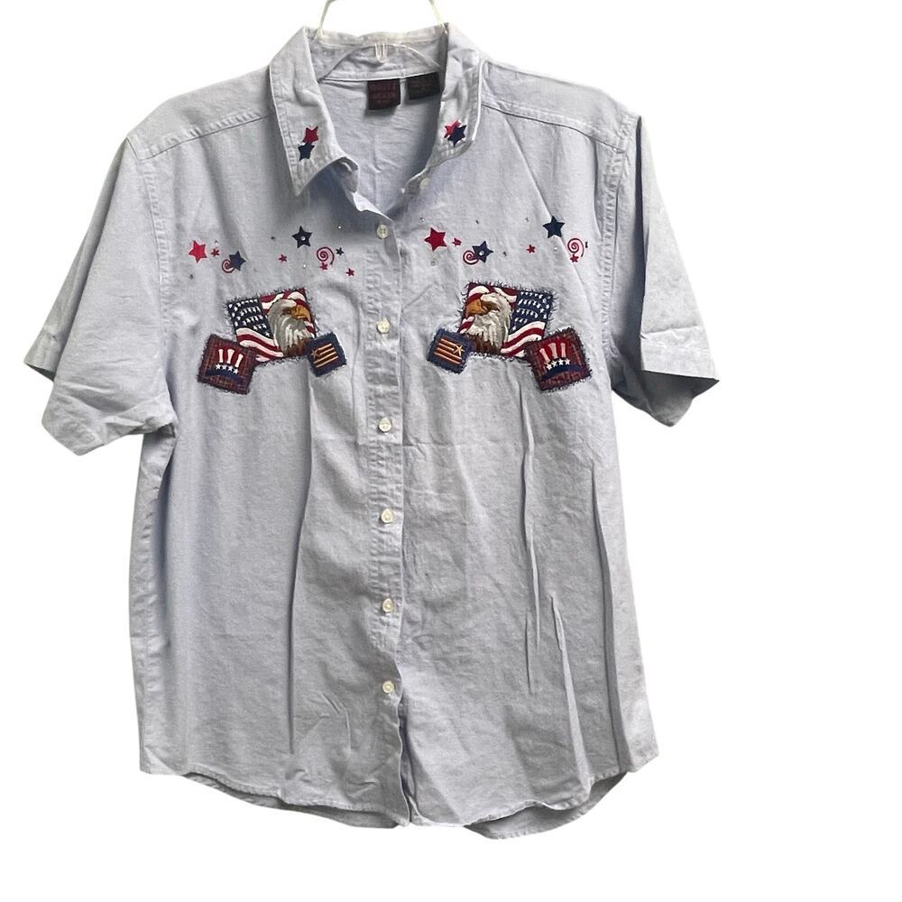 Quizz Again Chambray Size Large Patriotic Flag America Button Down VTG